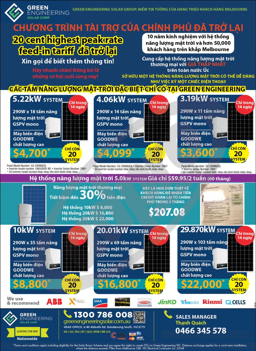 GREEN ENGINEERING SOLAR GROUP, nơi cung cấp hệ thống năng lượng mặt trời với giá thấp nhất trên toàn nước Úc